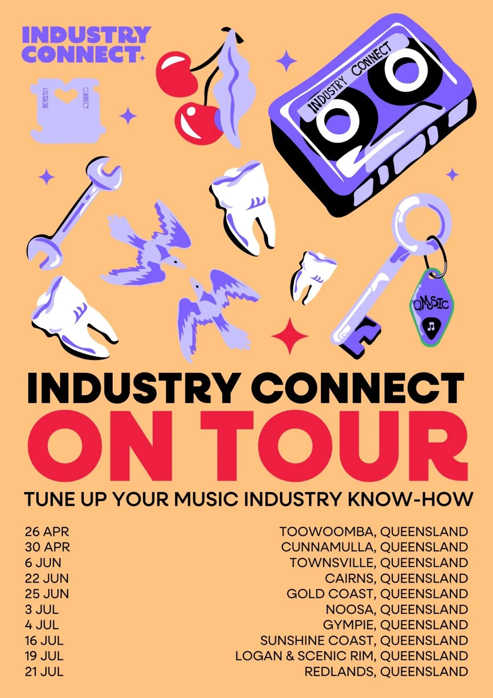The Industry Connect On Tour poster, listing the Queensland dates from April to July.