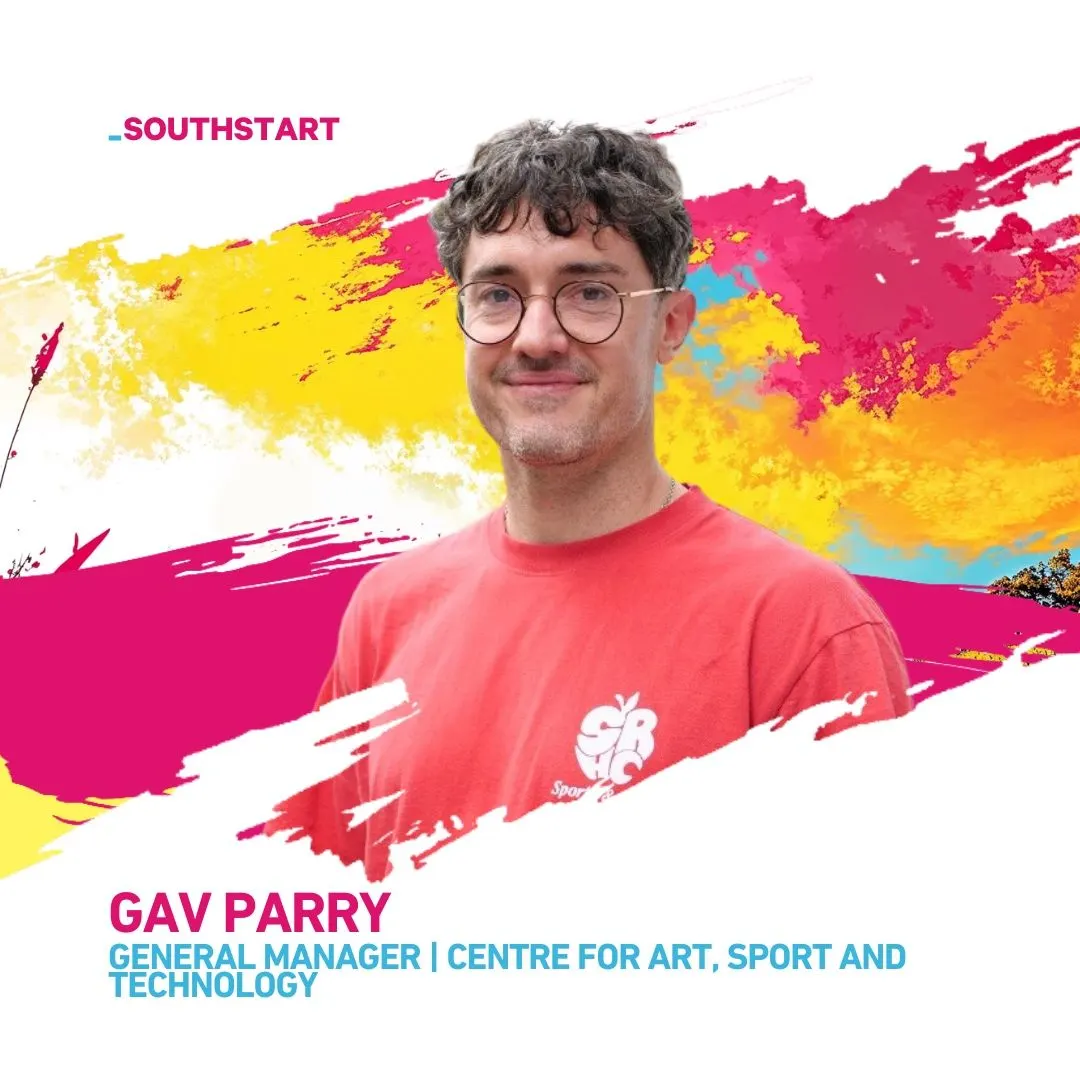 The _SOUTHSTART speaker card for CAST's general manager, over pink, yellow and orange brushstrokes.